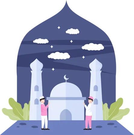 Musulmanes haciendo oración en la mezquita  Ilustración