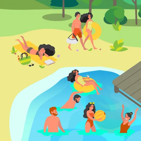 Gente nadando en la playa  Ilustración