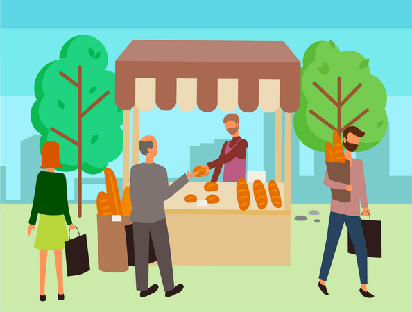 Gente parada en el puesto de comida  Ilustración