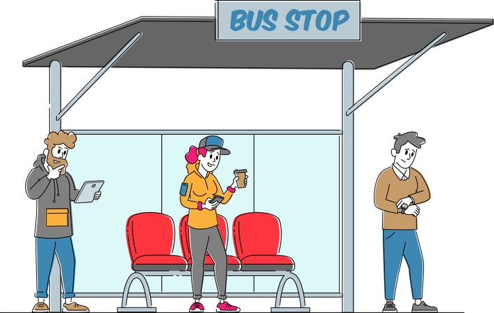 La gente se encuentra en la estación de autobuses.  Ilustración