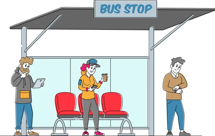 La gente se encuentra en la estación de autobuses.  Ilustración