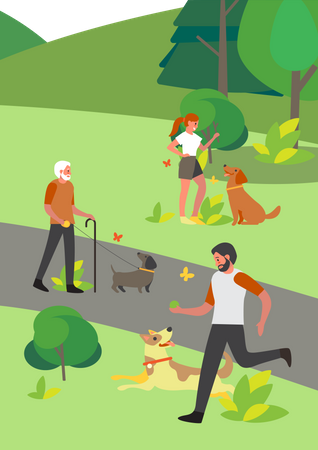 Gente paseando con perros en el parque  Ilustración