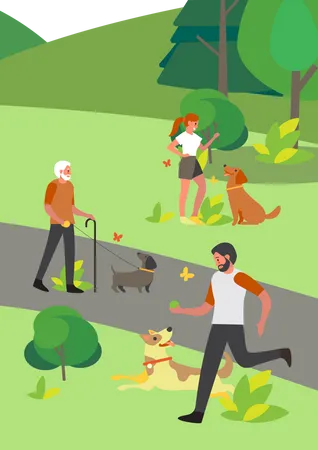 Gente paseando con perros en el parque  Ilustración