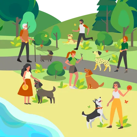 Gente caminando y jugando con sus perros en el parque.  Ilustración