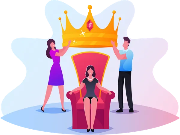 La gente pone corona real en la cabeza de una mujer  Ilustración