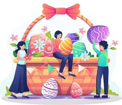 Gente poniendo huevos y flores en la canasta gigante para la celebración del día de Pascua  Ilustración