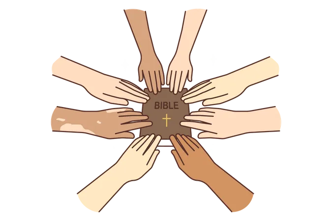 Gente poniendo sus manos sobre la biblia.  Ilustración