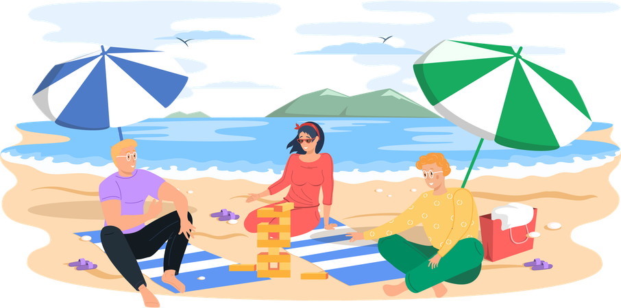 Gente relajándose bajo una sombrilla de playa con un juego de mesa en vacaciones tomando el sol y jugando jenga  Ilustración