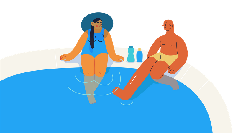 Gente relajándose cerca de la piscina  Ilustración