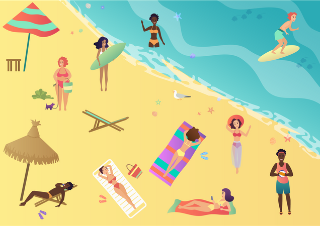 Gente relajándose en la playa  Ilustración