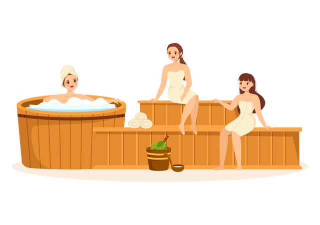 Gente relajándose en la sauna  Ilustración