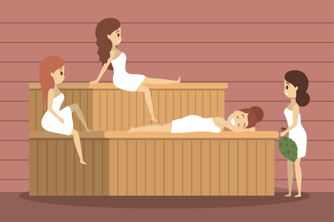 Gente relajándose en la sauna  Ilustración