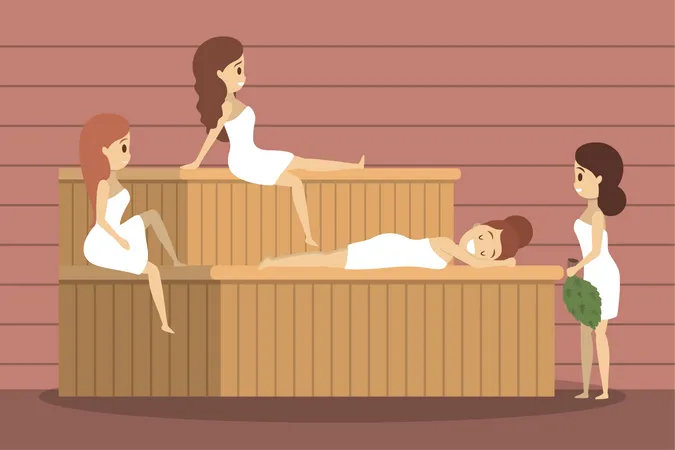 Gente relajándose en la sauna  Ilustración