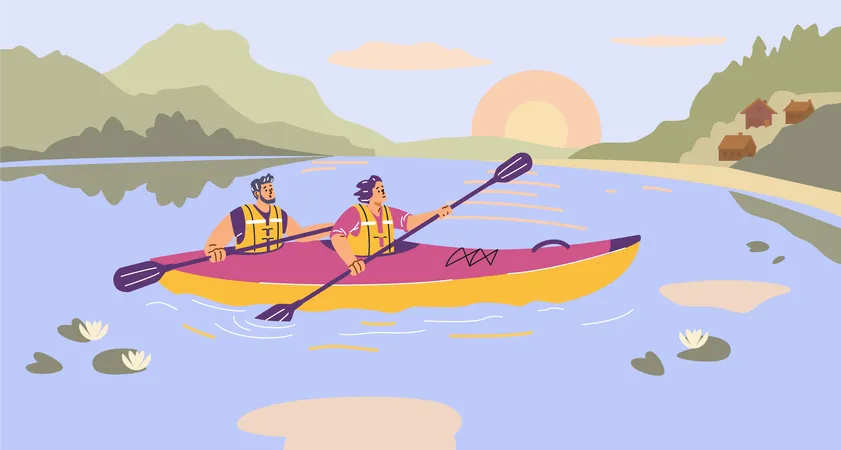 Personas remando con remos en kayak en un río o lago con flores de loto  Ilustración