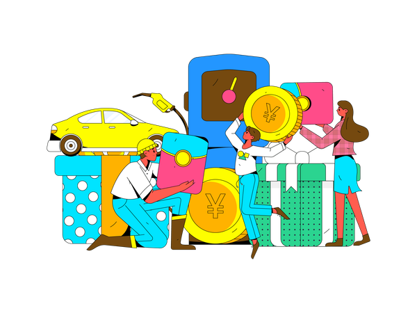 Personas repostando coche  Ilustración