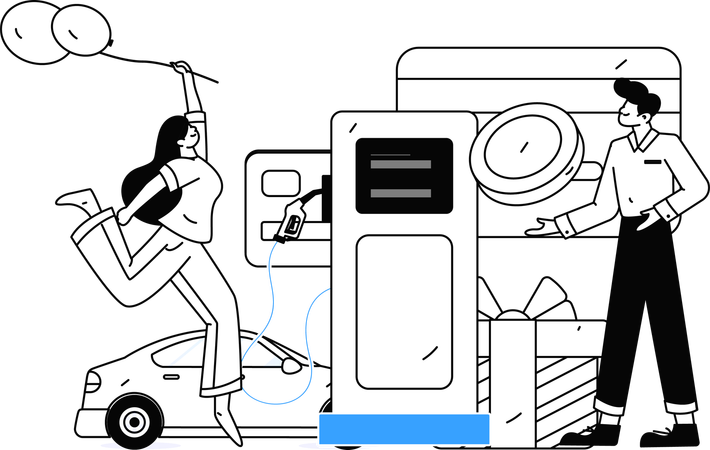 Personas repostando combustible en un vehículo con monedas  Illustration