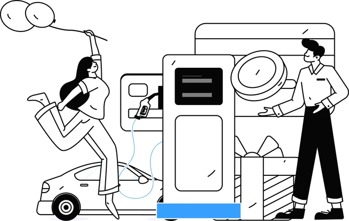 Personas repostando combustible en un vehículo con monedas  Illustration