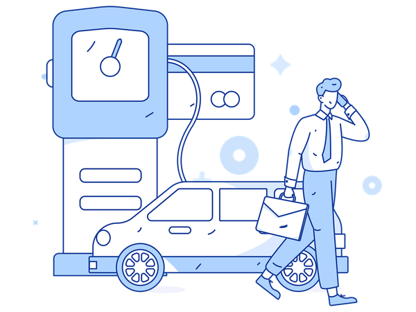 Personas repostando combustible en un vehículo con monedas  Ilustración