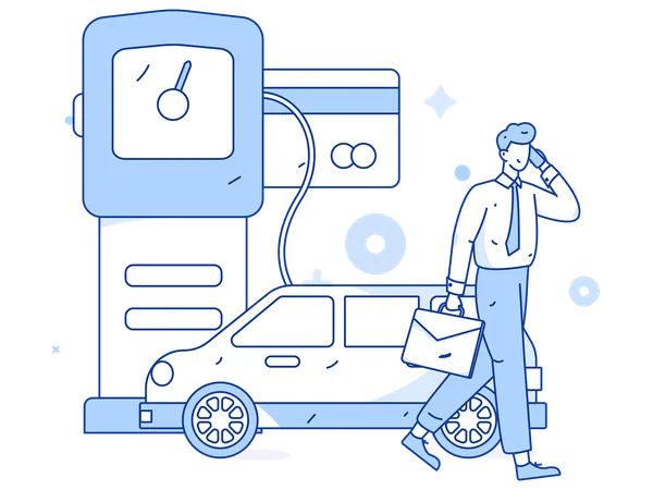 Personas repostando combustible en un vehículo con monedas  Ilustración