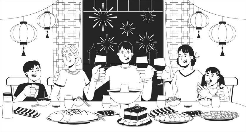 La gente se reunió para la cena de reunión del Año Nuevo chino  Ilustración