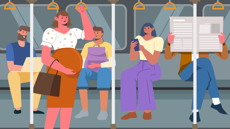 Personas sentadas dentro del tren del metro  Ilustración