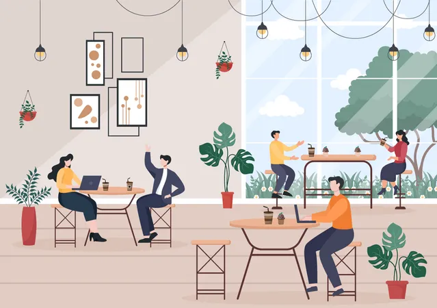 Gente sentada en la cafetería  Ilustración