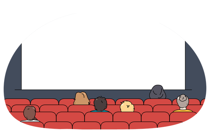 Gente sentada en el cine viendo una película  Ilustración