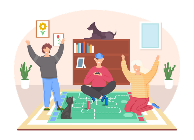 Gente sentada en el suelo jugando juegos de mesa  Ilustración