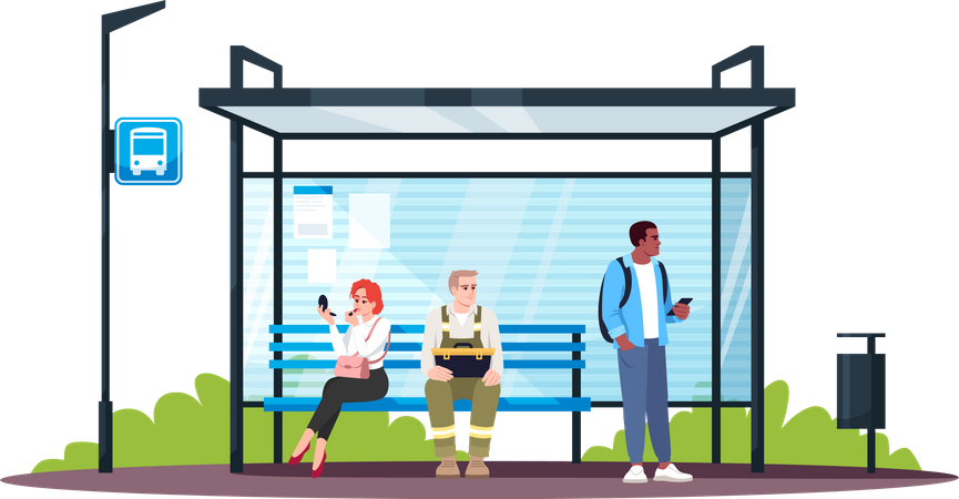 Gente sentada en la estación de autobuses  Ilustración