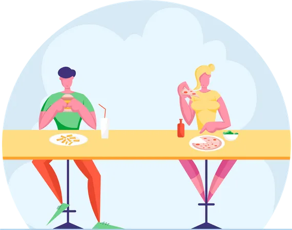 Gente sentada en un restaurante comiendo  Ilustración