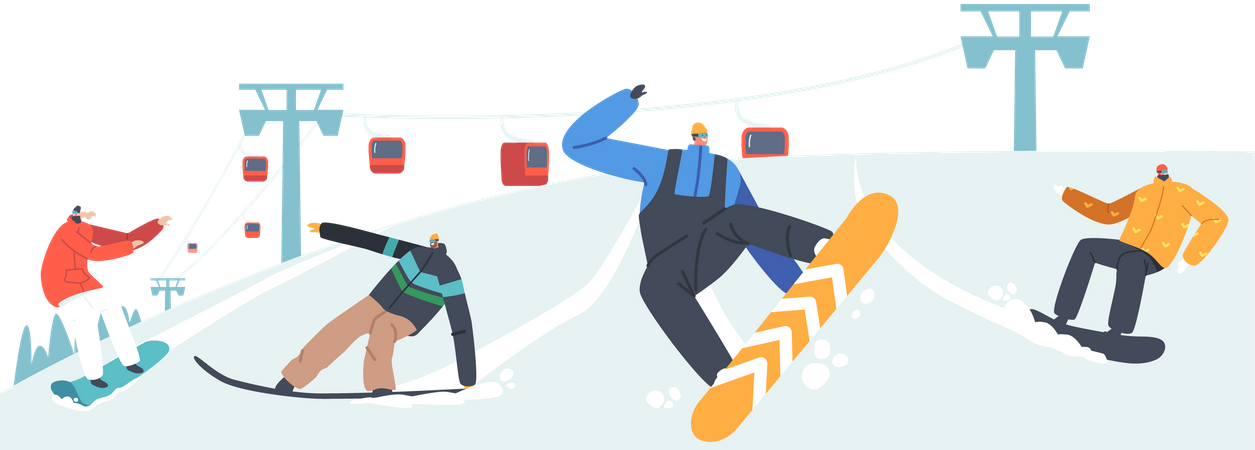 Gente haciendo snowboard  Ilustración
