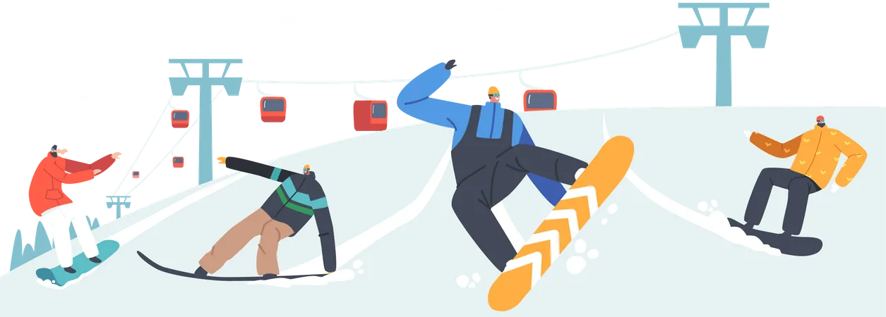 Actividad Invernal Y Deporte Extremo De Snowboard Al Aire Libre Hombres Y Mujeres Con Trajes Deportivos Haciendo Acrobacias De Salto Con Snowboard Entrenamiento En Estacion De Esqui Con Funicular Ilustracion Vectorial De Dibujos Animados Ilustración