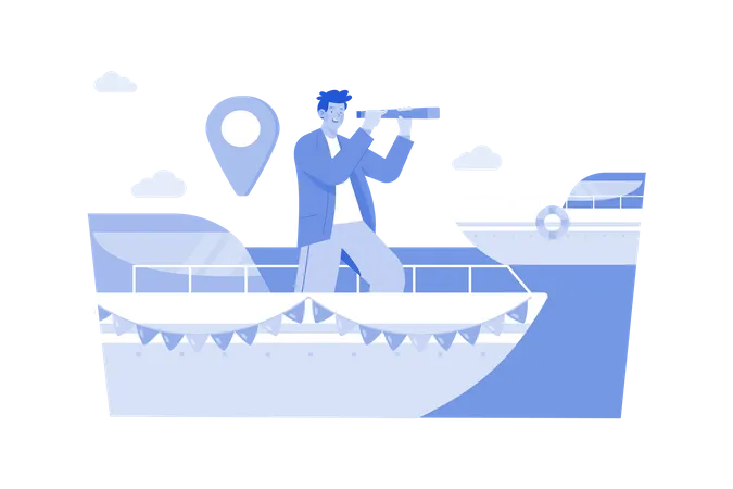 La gente toma un barco para explorar destinos extranjeros  Ilustración