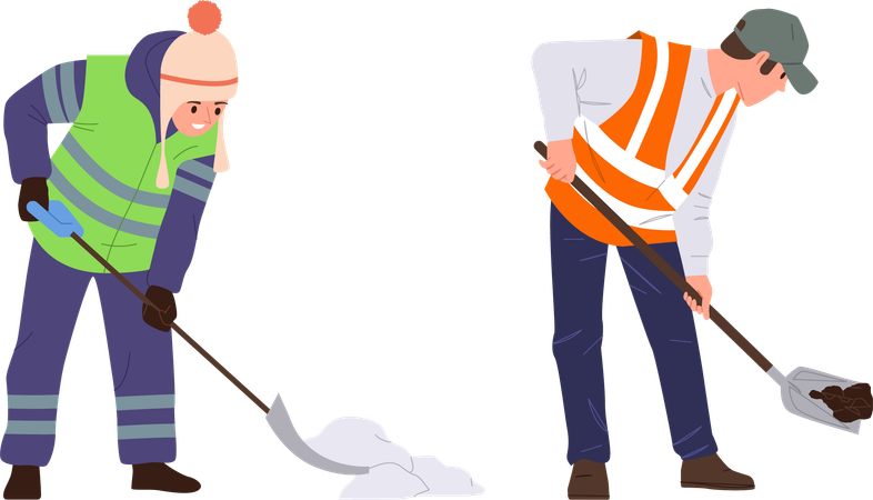 Trabajador de la carretera trabajando con pala cavando tierra y limpiando nieve  Ilustración
