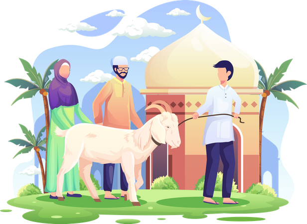 La gente trae una cabra para Eid Al Adha Mubarak  Ilustración