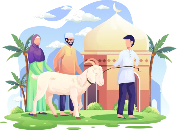 La Gente Trae Una Cabra Para El Qurban O Sacrificio En Eid Al Adha Mubarak Ilustracion De Vector Plano Ilustración
