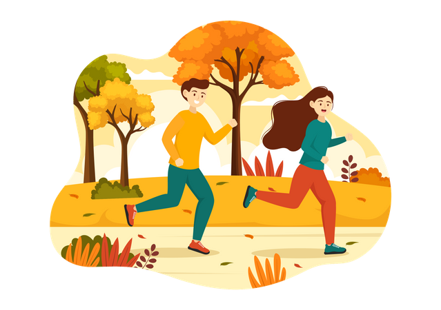 Gente corriendo en el parque de otoño  Ilustración