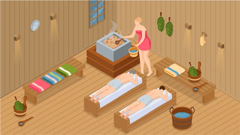 Gente humeante en sauna  Ilustración