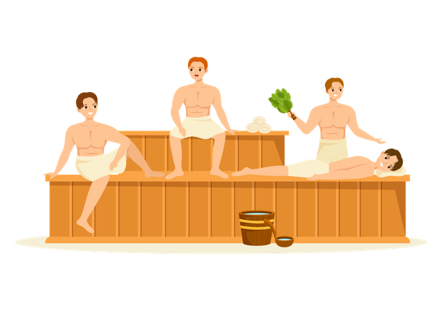Gente humeante en sauna  Ilustración