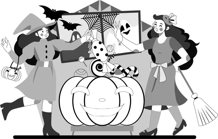 Personas vestidas con disfraces de Halloween en el día de Halloween  Ilustración