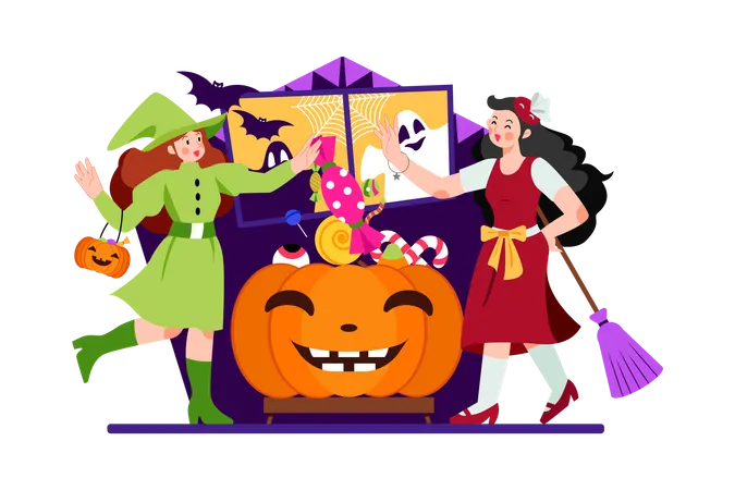 Personas vestidas con disfraces de Halloween en el día de Halloween  Ilustración