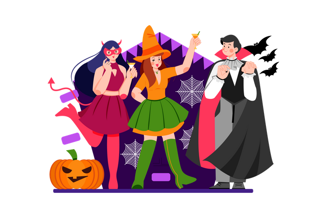 Personas vestidas con disfraces de Halloween en Halloween  Ilustración