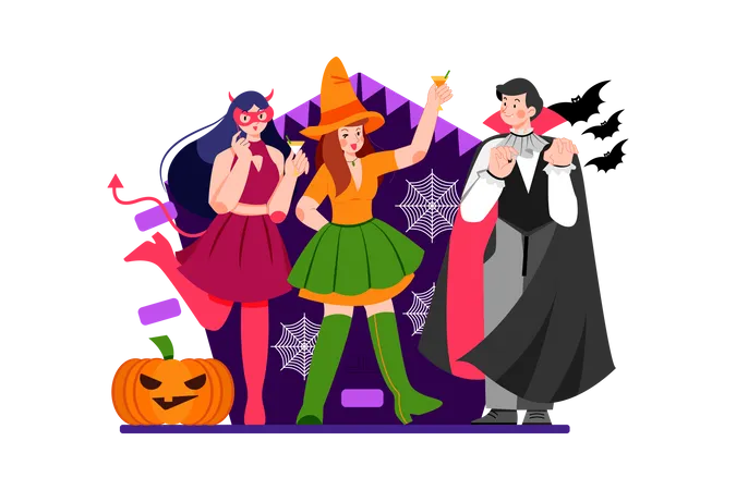 Personas vestidas con disfraces de Halloween en Halloween  Ilustración