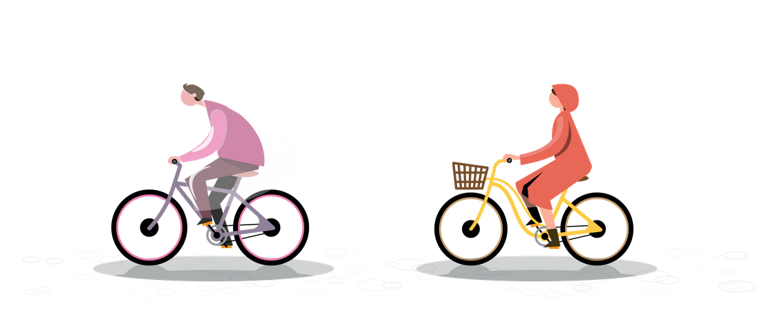 Personas que viajan mientras llueve y andan en bicicleta  Ilustración