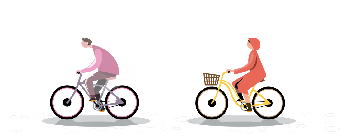 Personas que viajan mientras llueve y andan en bicicleta  Ilustración