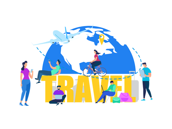 Personas que viajan, turistas que compran billetes de avión en línea, reservan habitaciones de hotel en Internet, buscan destinos  Ilustración