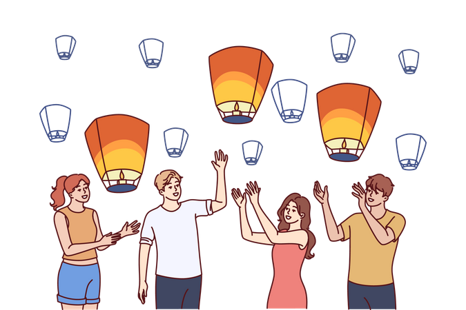 Gente volando globos linterna  Ilustración