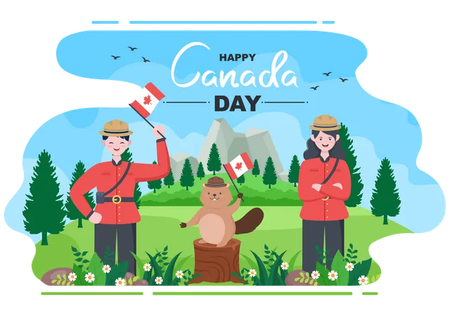 Gente y ardilla celebrando el Día de Canadá  Ilustración