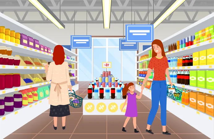 Gente yendo de compras al supermercado  Ilustración