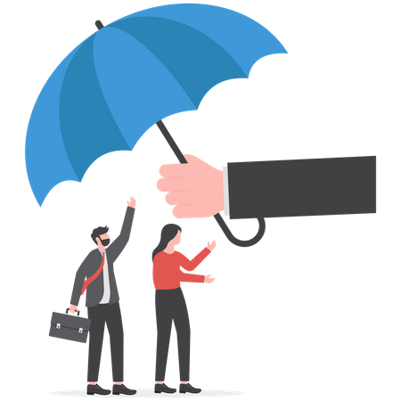 Un homme d'affaires de gentillesse offre un grand parapluie pour couvrir l'employé  Illustration